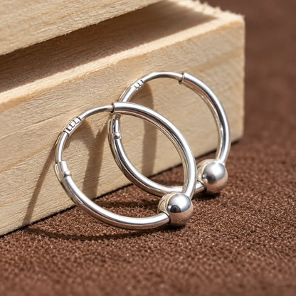 Minimal Silver Hoop Earrings with Bead Accent