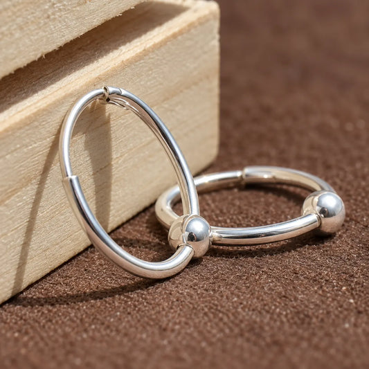 Minimal Silver Hoop Earrings with Bead Accent