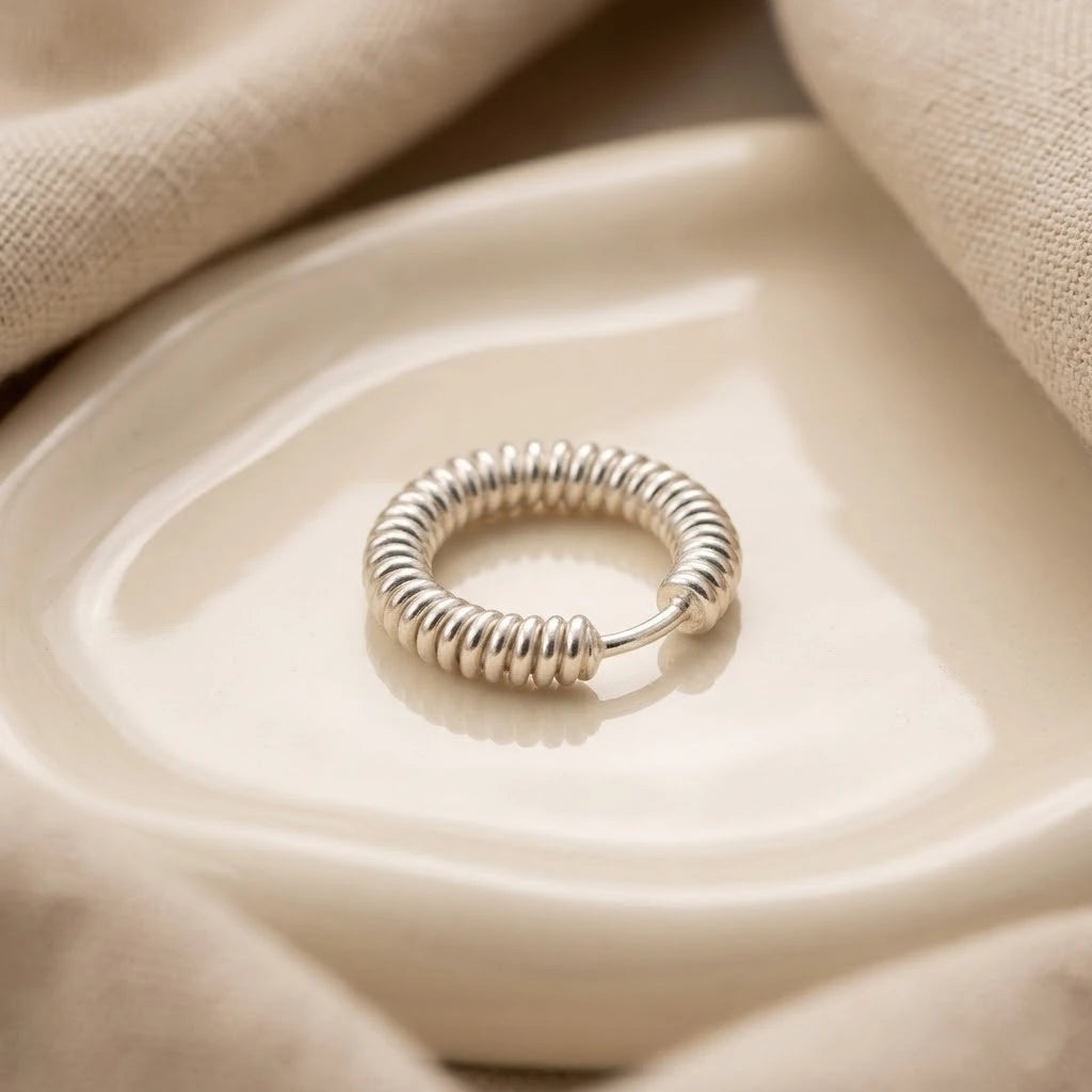 Minimal Textured Silver Spring Hoop Earring/Bali
