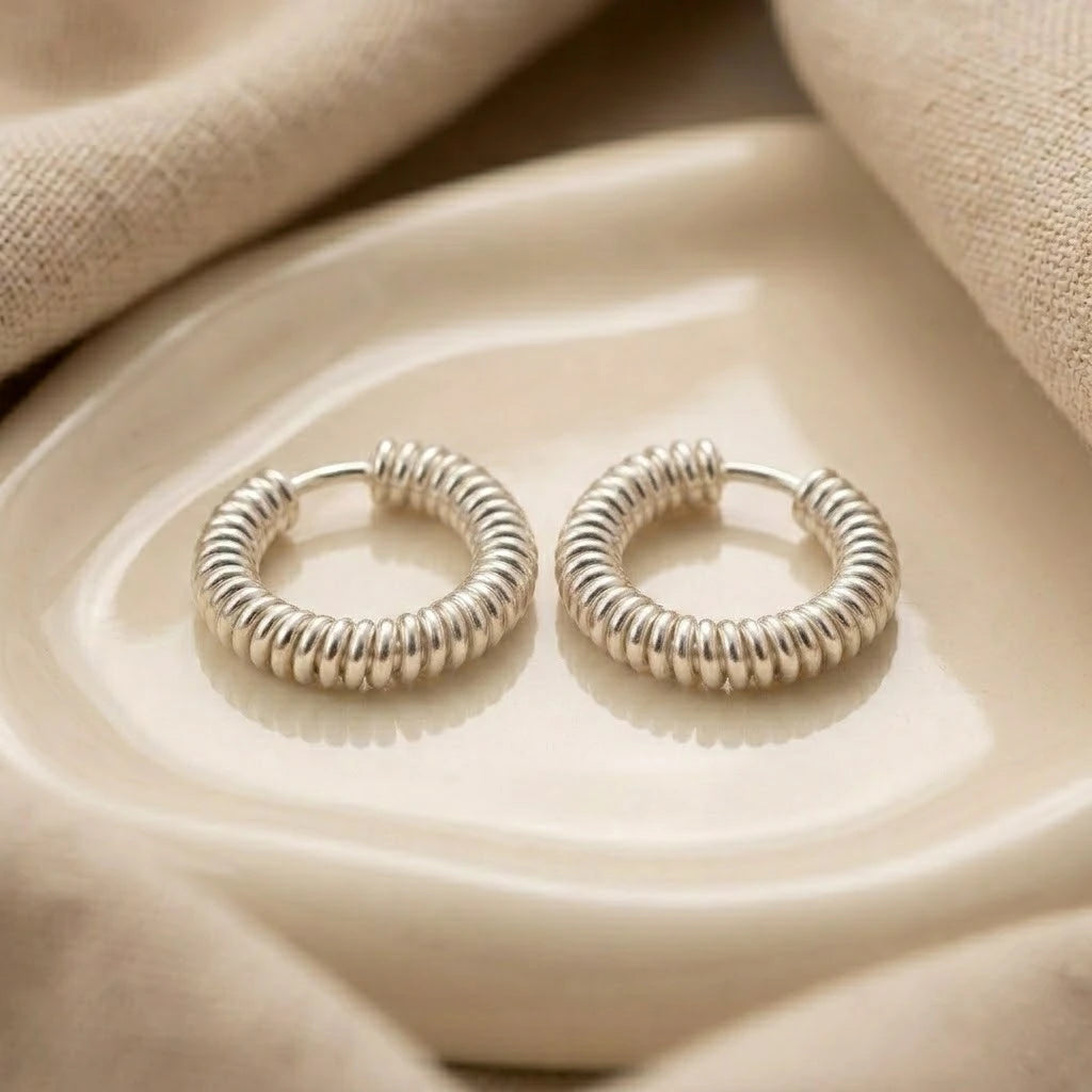 Minimal Textured Silver Spring Hoop Earring/Bali
