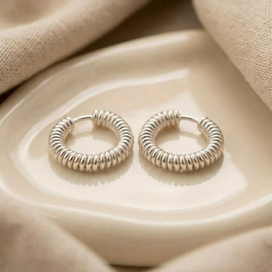 Minimal Textured Silver Spring Hoop Earring/Bali