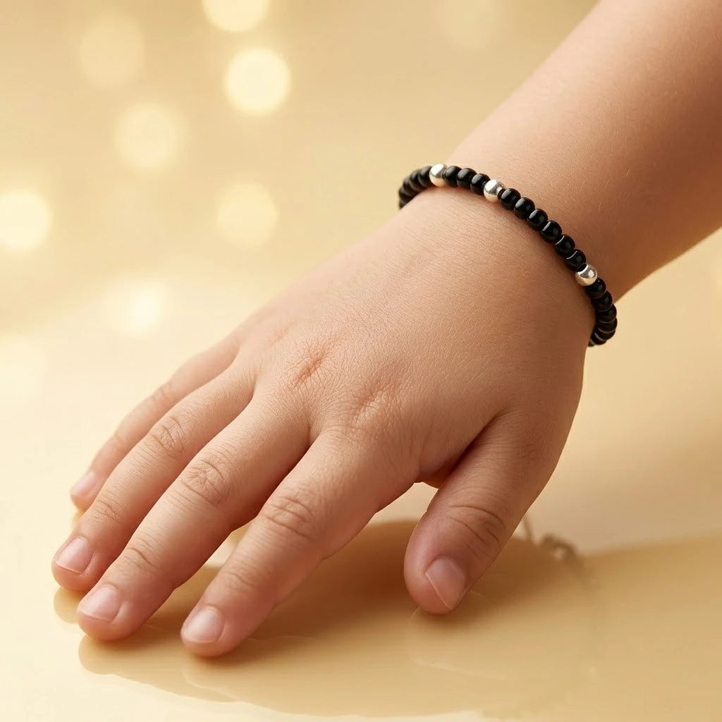 Minimalist Black Thread Nazariya Anklet with Polished Silver Beads