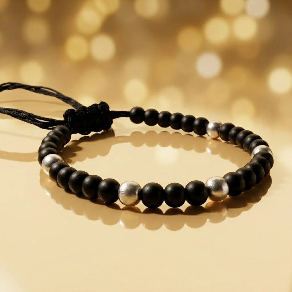 Minimalist Black Thread Nazariya Anklet with Polished Silver Beads