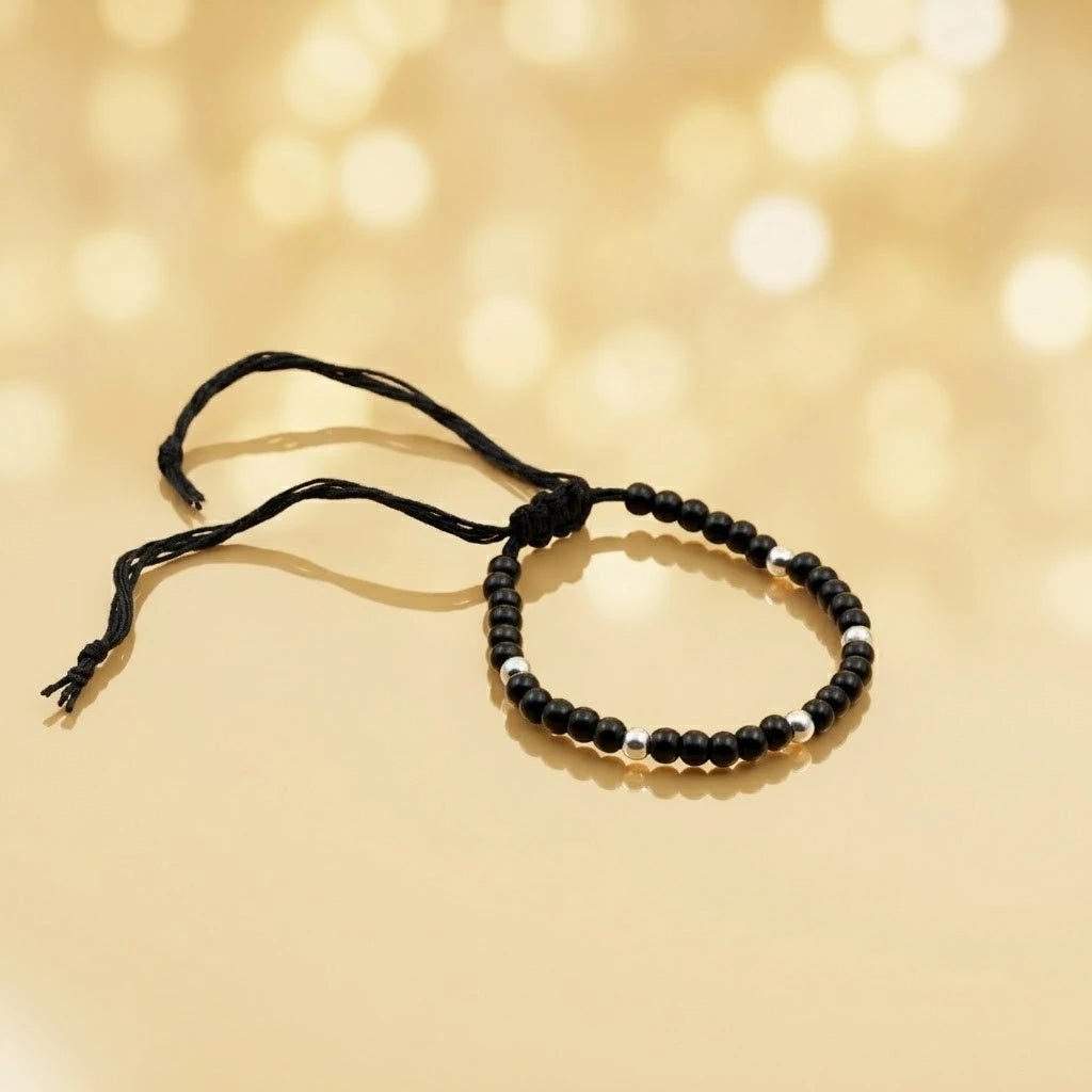 Minimalist Black Thread Nazariya Anklet with Polished Silver Beads