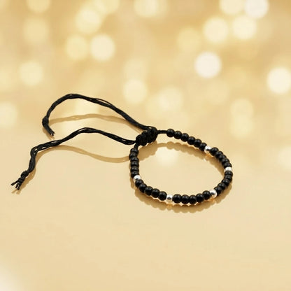 Minimalist Black Thread Nazariya Anklet with Polished Silver Beads
