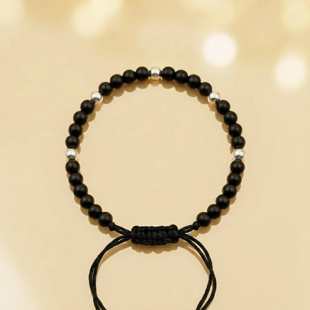 Minimalist Black Thread Nazariya Anklet with Polished Silver Beads
