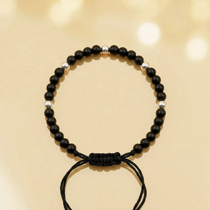 Minimalist Black Thread Nazariya Anklet with Polished Silver Beads