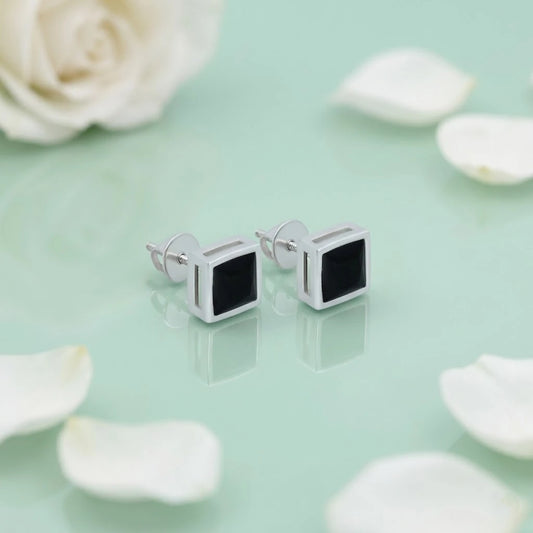 Minimalist Silver Stud Earrings with Square Black Stone