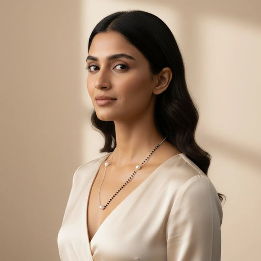 Modern Half-Chain Half-Bead Pearl Mangalsutra Silver Chain for Women
