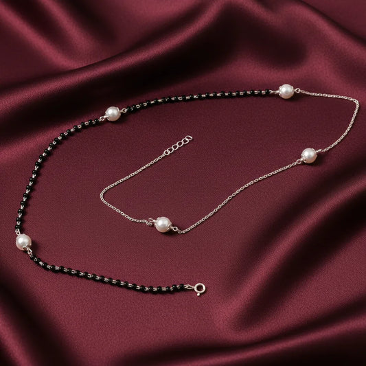 Modern Half-Chain Half-Bead Pearl Mangalsutra Silver Chain for Women
