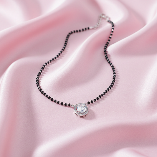Modern Black Beads Mangalsutra with Oval Shape Stone Pendant
