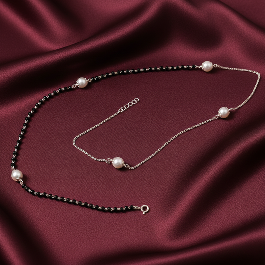 Modern Half-Chain Half-Bead Pearl Mangalsutra Silver Chain