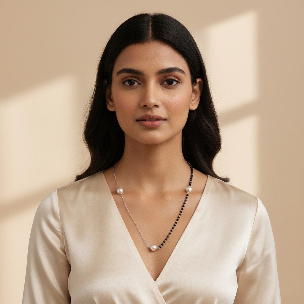 Modern Half-Chain Half-Bead Pearl Mangalsutra Silver Chain