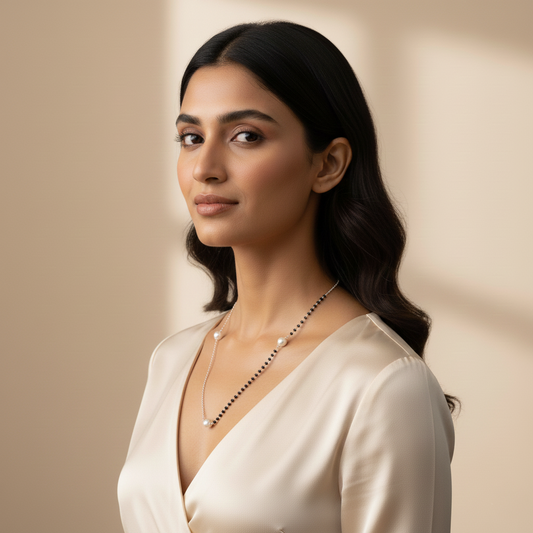 Modern Half-Chain Half-Bead Pearl Mangalsutra Silver Chain