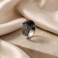 Modern Men's Black Onyx Stone Silver Ring with Unique Textured Detailing