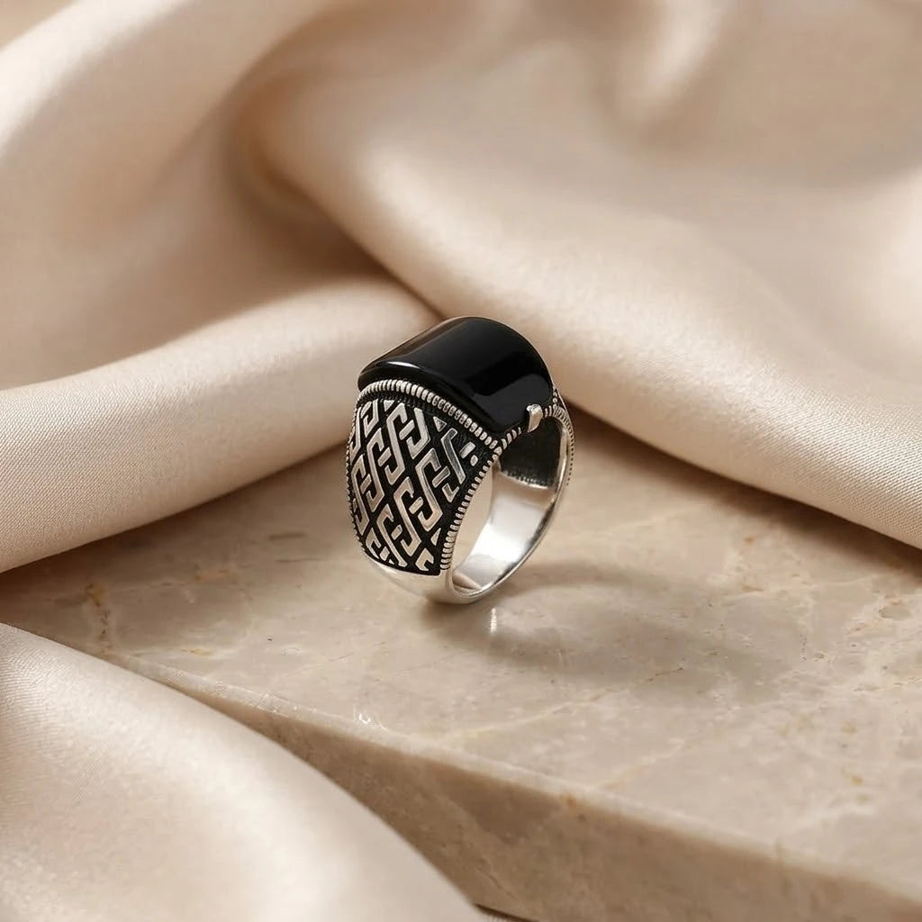 Modern Men's Black Onyx Stone Silver Ring with Unique Textured Detailing