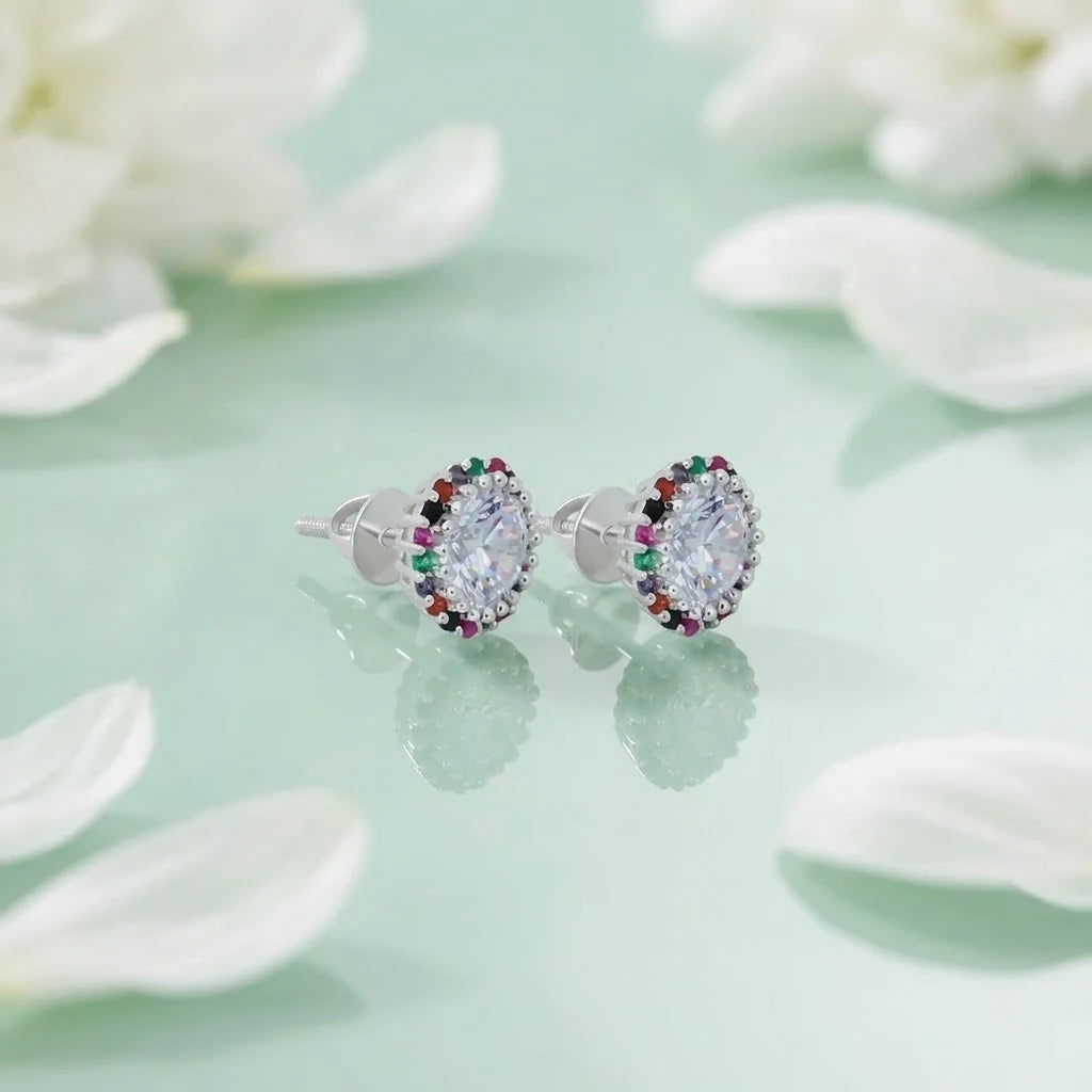 Multicolor Stones Silver Earring For Girls