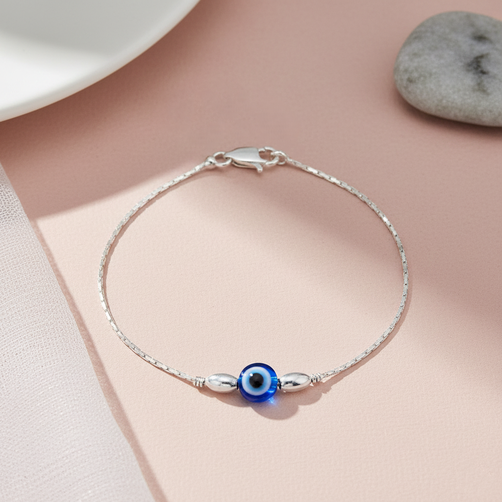 Nazar Raksha Evil Eye Sterling Silver Chain Bracelet – Khushbu Jewellers
