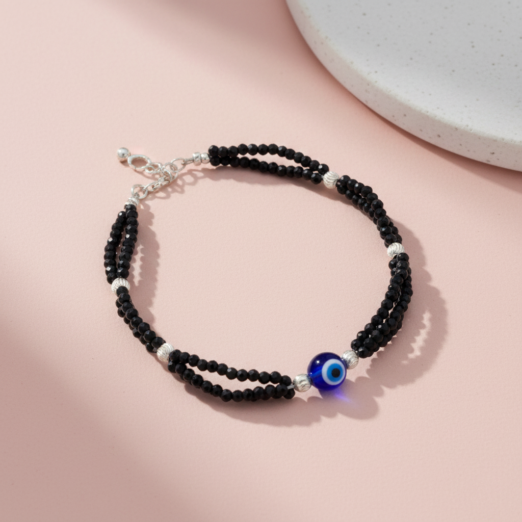 Nazar Suraksha Black Bead Evil Eye Silver Bracelet