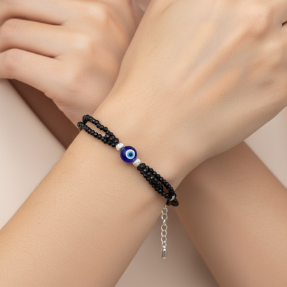 Nazar Suraksha Black Bead Evil Eye Silver Bracelet