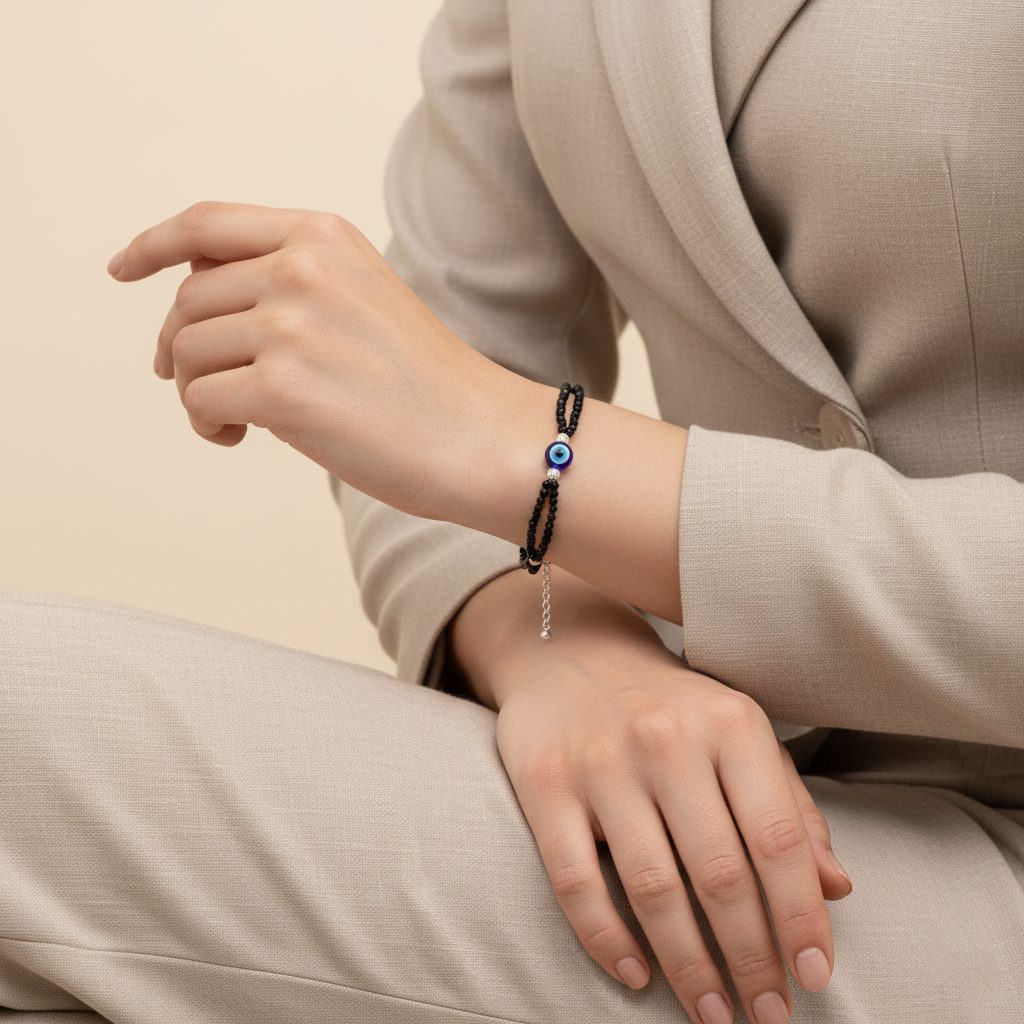 Nazar Suraksha Black Bead Evil Eye Silver Bracelet