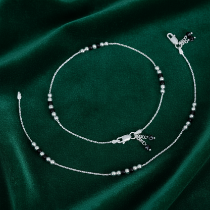Noir Bead Silver Anklet with Black Beads