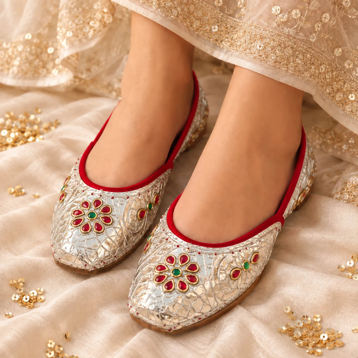 Traditional Design Silver Jutti with Red Flower Design and Green Stone