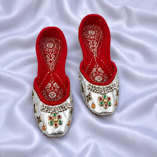 Traditional Silver Jutti with Multicolor Kundan & Ghungroo