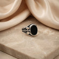 Oval Shape Black Stone Silver Ring with Axe Design