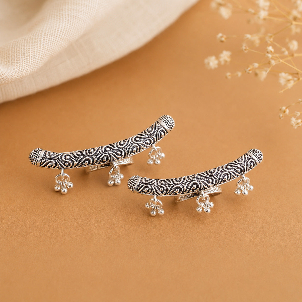 Oxidized Silver Tribal Ghungroo Toe Ring Pair for Women
