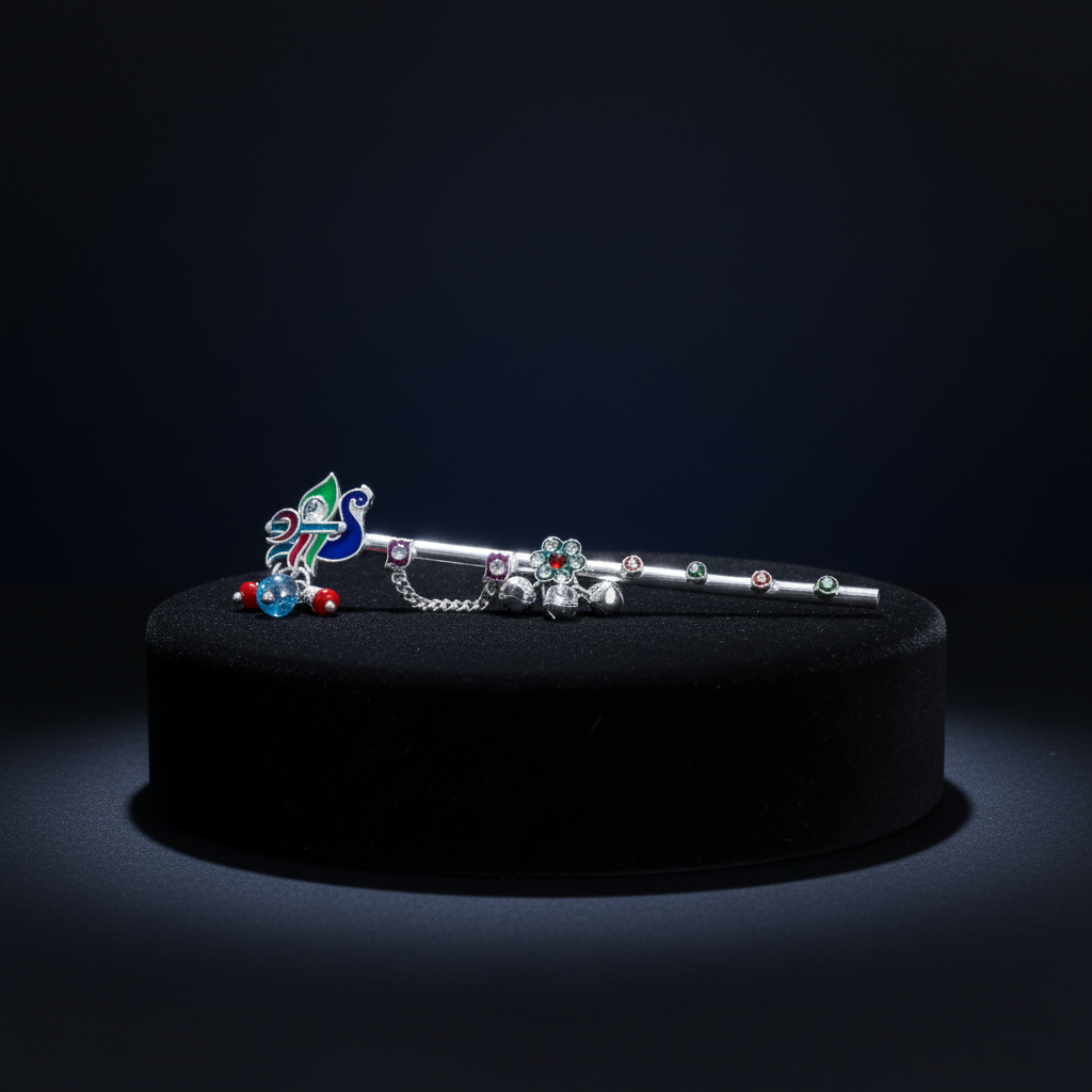 Peacock Inspired Silver Flute Divine Krishna with Beads & Charms