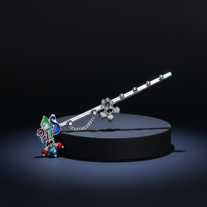 Peacock Inspired Silver Flute Divine Krishna with Beads & Charms