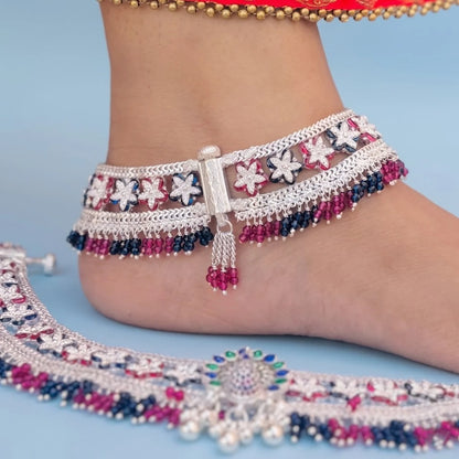 Peacock Design Multiple Flower Silver Payal