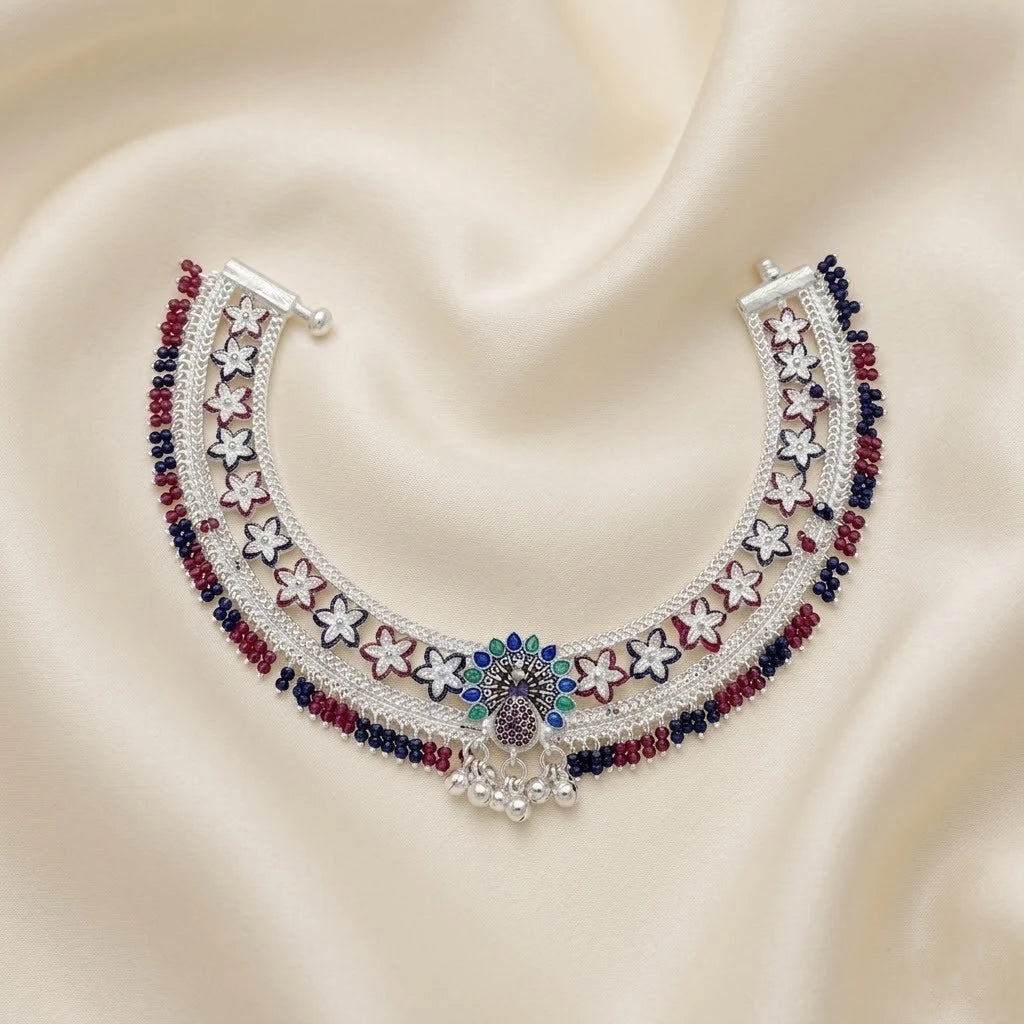Peacock Design Multiple Flower Silver Payal