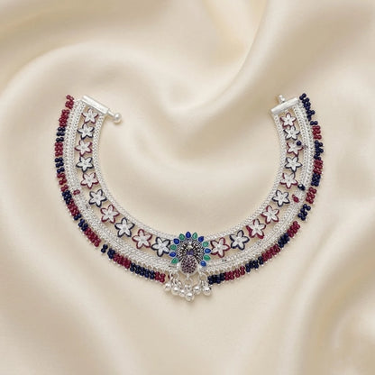 Peacock Design Multiple Flower Silver Payal