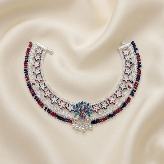Peacock Design Multiple Flower Silver Payal