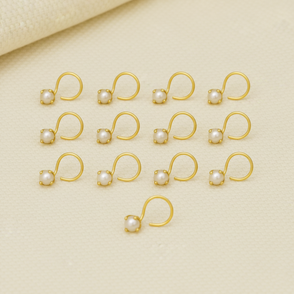 (13 Pcs ₹999 combo) Pearl Glow Gold Polish Silver Nose Pin