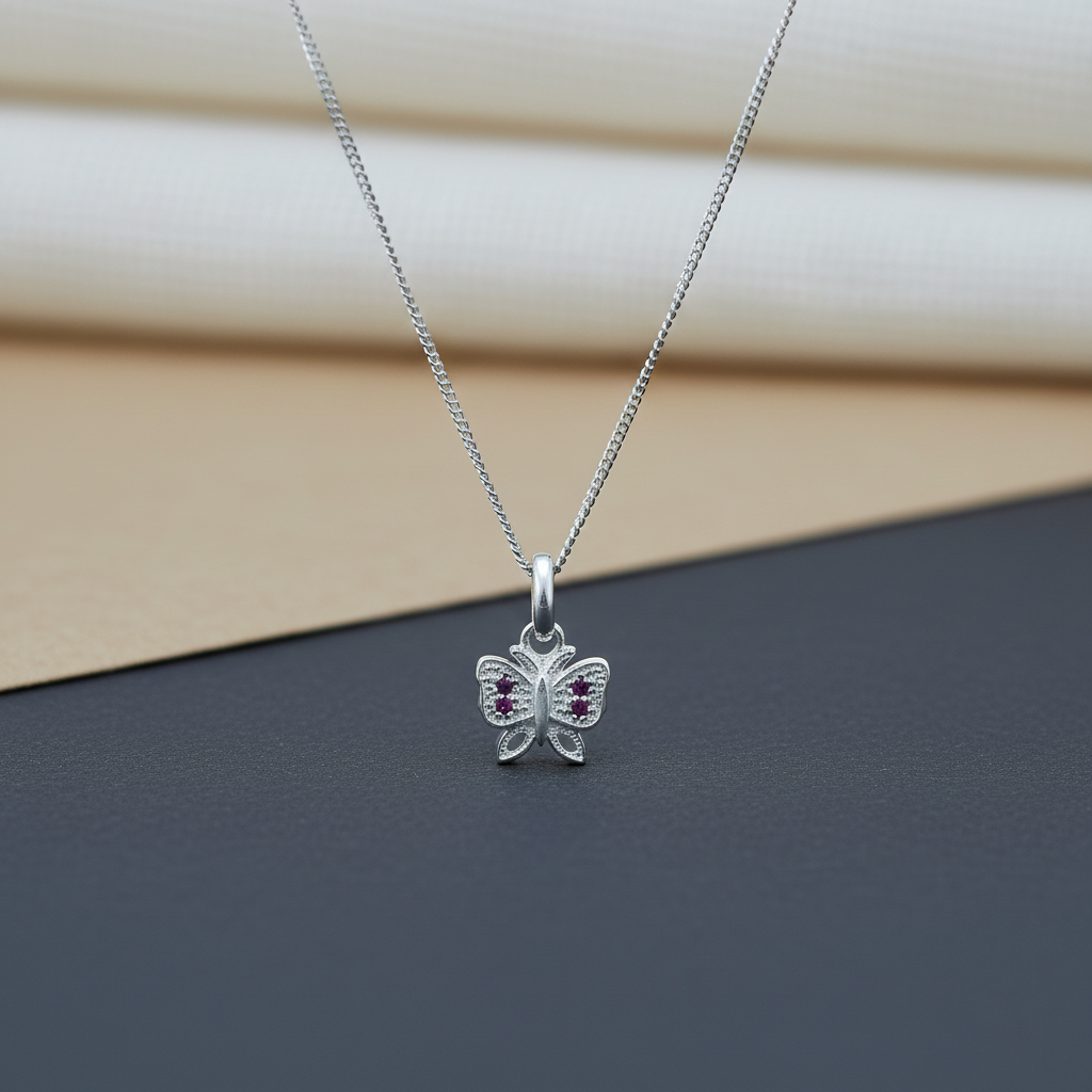 Pink Stone Butterfly Silver Pendant