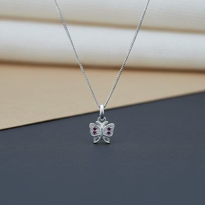 Pink Stone Butterfly Silver Pendant