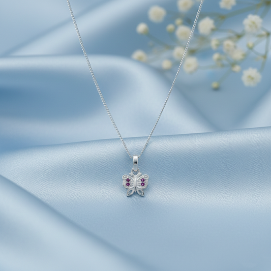 Pink Stone Butterfly Silver Pendant