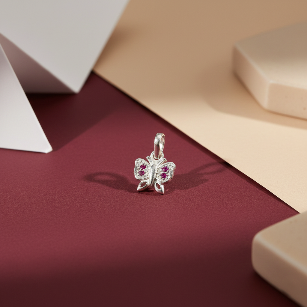 Pink Stone Butterfly Silver Pendant
