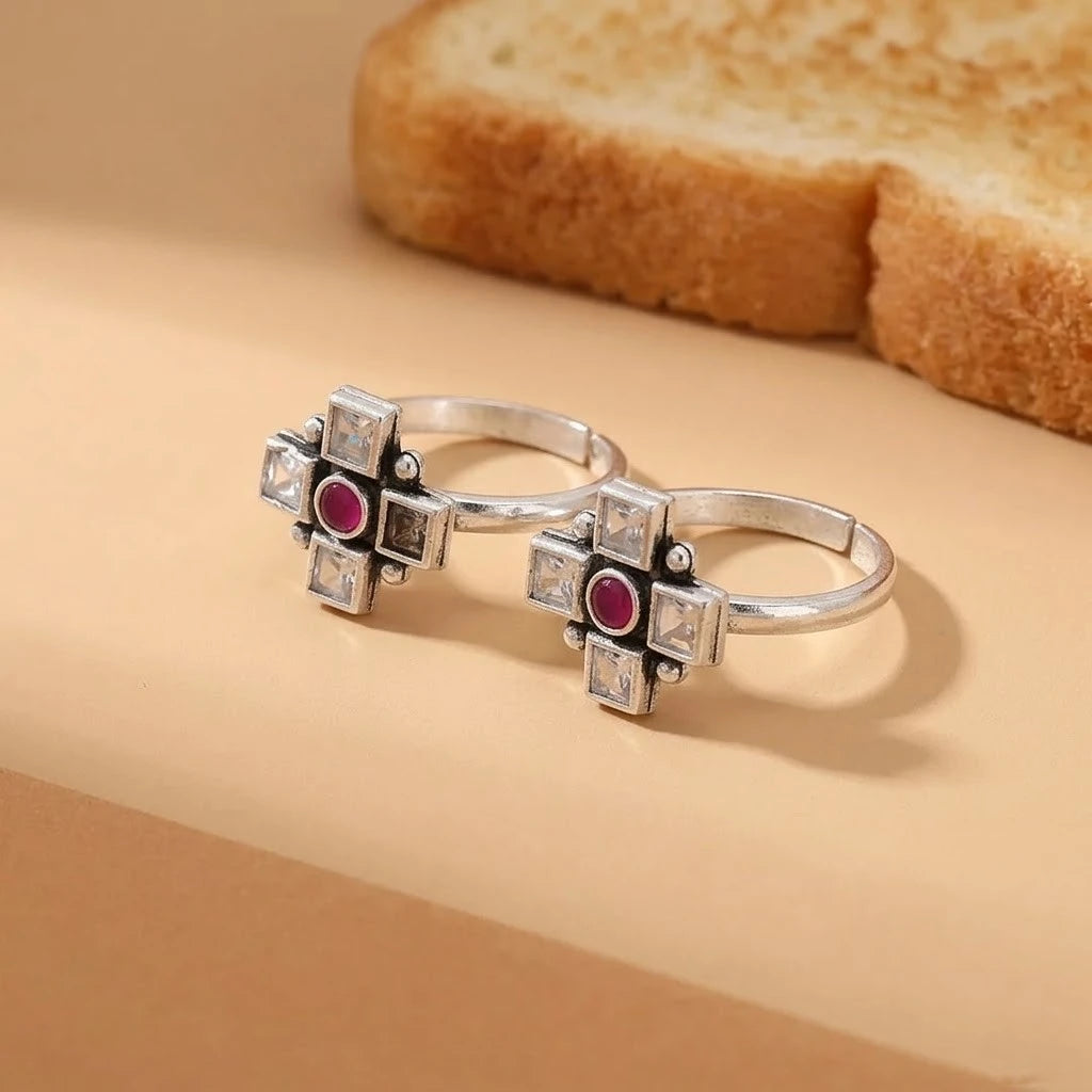 Pink Charming Stone Silver Toe Rings