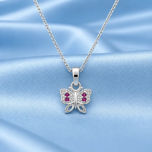Pink Stone Butterfly Silver Pendant