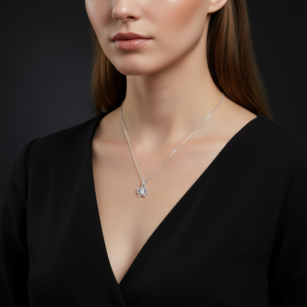 Pink Stone Butterfly Silver Pendant