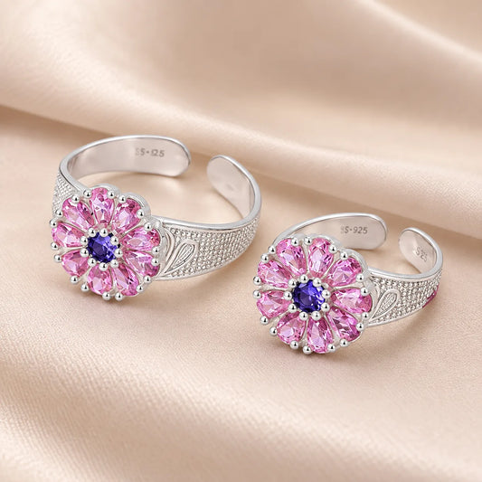 Pink Stone Flower Design Silver Toe Ring (4 pieces)