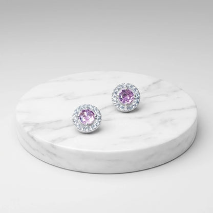 Pink & White Stone Halo Earrings in Silver