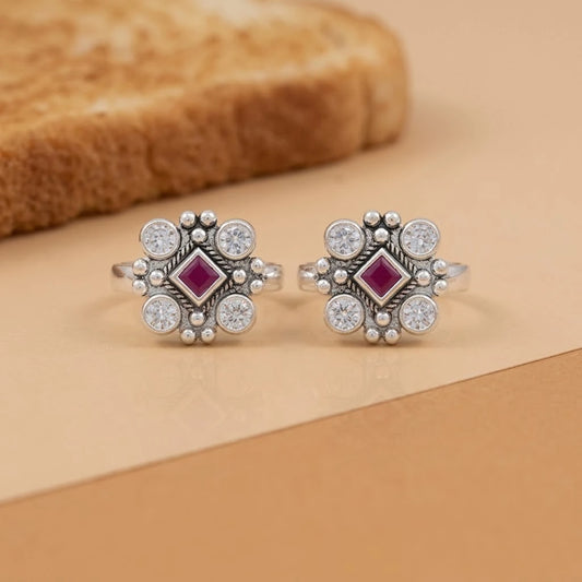 Pink & White Stone Silver Toe Ring for Women