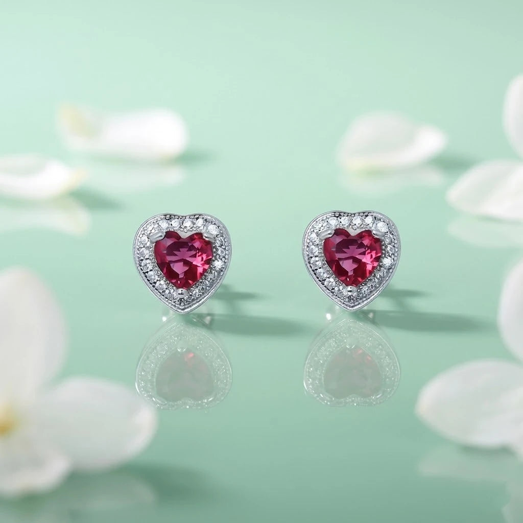 Pink and White Stone Heart Silver Earrings