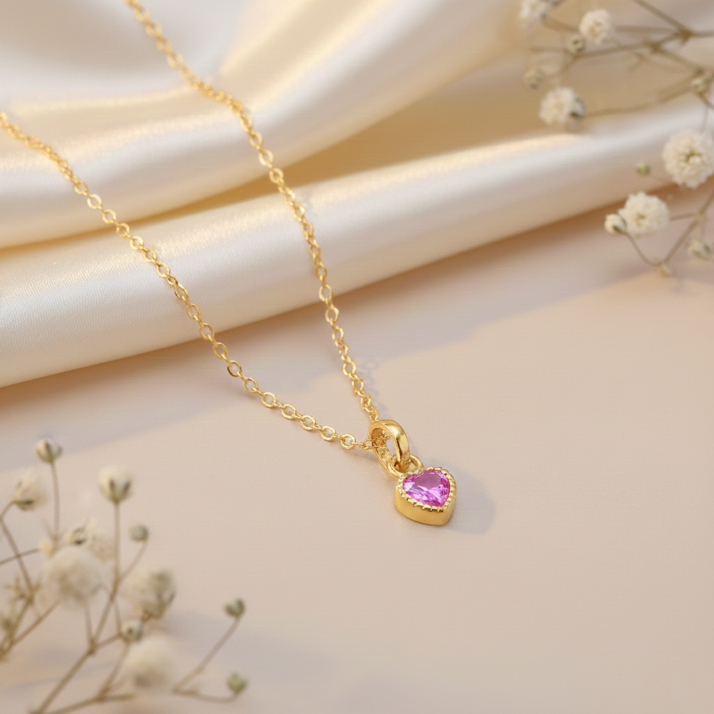 Premium Heart-Shaped Stone Gold Polish Silver Pendent Necklace