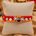 Premium Khatu Shyam Ji Designer Rakhi with Silver Ganesh Coin Charms, Dual Tone Gold Finish, Red and Yellow Handmade Cotton Thread for Raksha Bandhan Brother Gift